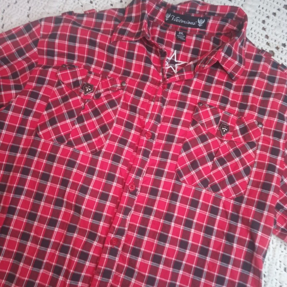Victorious Urban Couture Embroidered Button Up Shirt Mens 2X Y2K Gingham Plaid - Picture 4 of 12